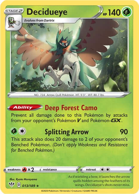 Decidueye [SWSH03 - 013/189] Condition: Near Mint Collectible Trading Cards SWSH03: Darkness Ablaze Also available: Language: English Printing: Holofoil