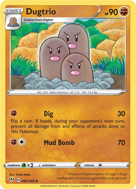 Dugtrio [SWSH03 - 085/189] Condition: Near Mint Collectible Trading Cards SWSH03: Darkness Ablaze Also available: Language: English Printing: Reverse Holofoil
