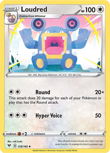 Loudred [SWSH04 - 136/185] Condition: Near Mint Collectible Trading Cards SWSH04: Vivid Voltage Also available: Language: English Printing: Reverse Holofoil