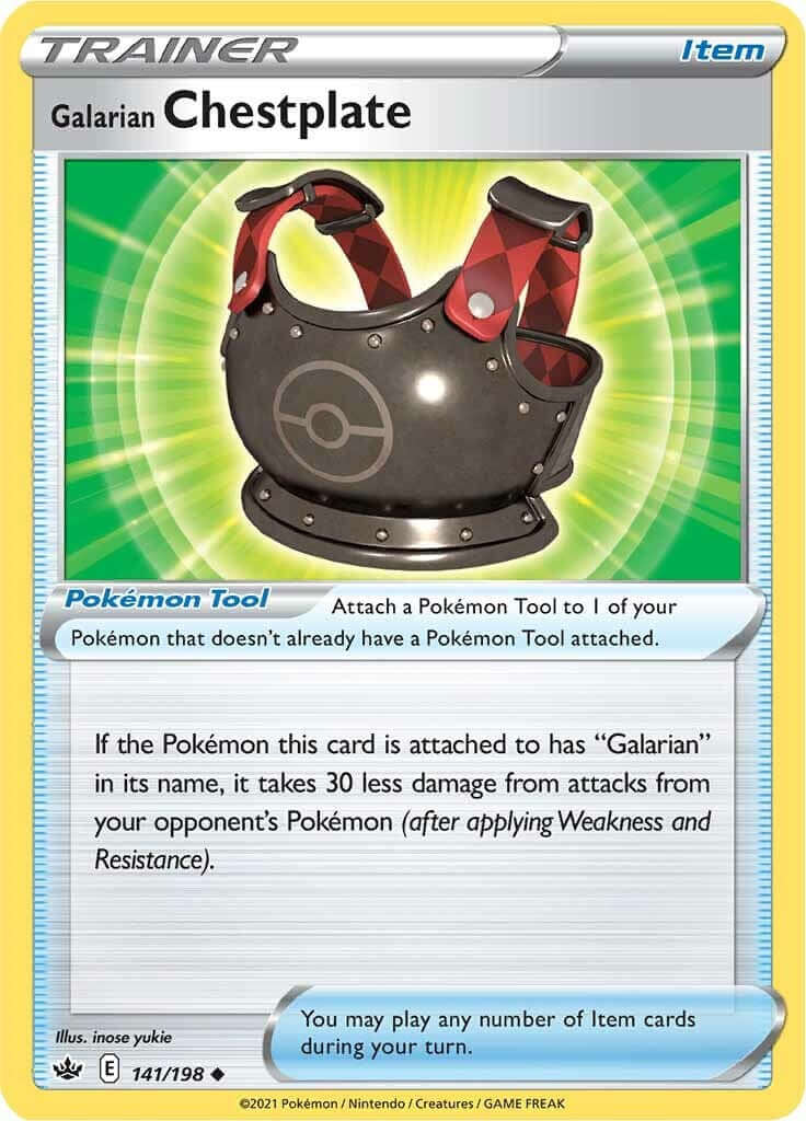 Galarian Chestplate [SWSH06 - 141/198] Condition: Near Mint Collectible Trading Cards SWSH06: Chilling Reign Also available: Language: English Printing: Reverse Holofoil