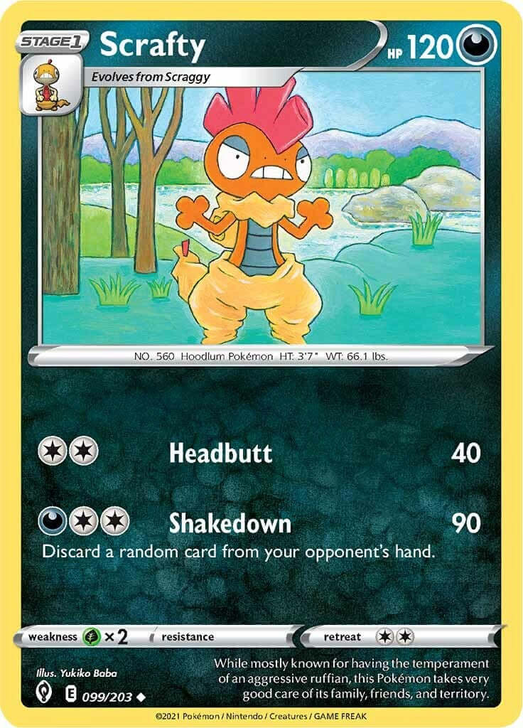 Scrafty [SWSH07 - 099/203] Condition: Near Mint Collectible Trading Cards SWSH07: Evolving Skies Also available: Language: English Printing: Reverse Holofoil