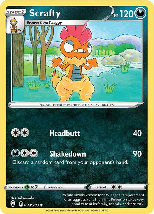 Scrafty [SWSH07 - 099/203] Condition: Near Mint Collectible Trading Cards SWSH07: Evolving Skies Also available: Language: English Printing: Reverse Holofoil