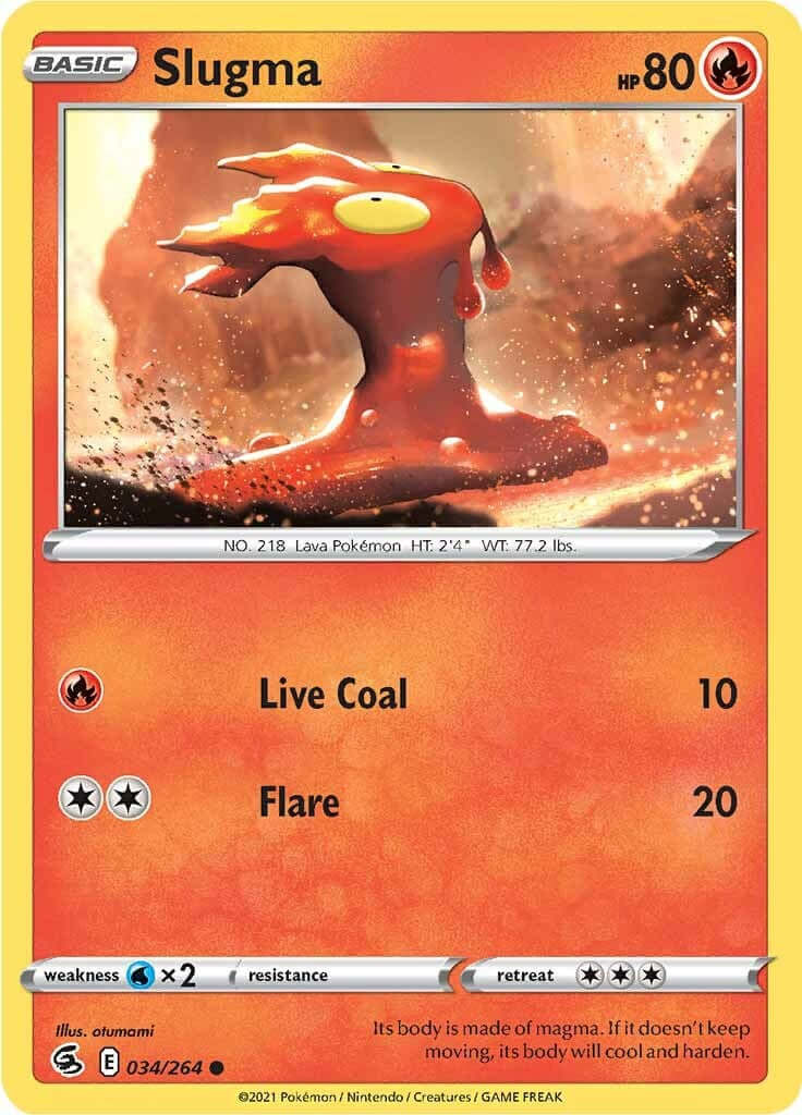 Slugma [SWSH08 - 034/264] Condition: Near Mint Collectible Trading Cards SWSH08: Fusion Strike Also available: Language: English Printing: Reverse Holofoil