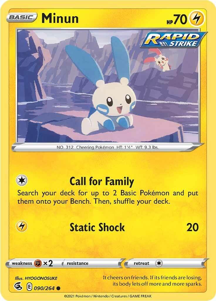 Minun [SWSH08 - 090/264] Condition: Near Mint Collectible Trading Cards SWSH08: Fusion Strike Also available: Language: English Printing: Reverse Holofoil