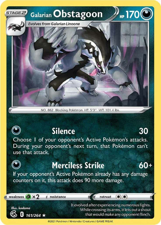 Galarian Obstagoon [SWSH08 - 161/264] Condition: Near Mint Collectible Trading Cards SWSH08: Fusion Strike Also available: Language: English Printing: Holofoil
