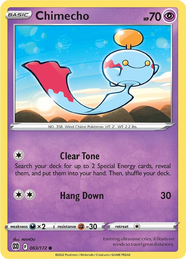 Chimecho [SWSH09 - 063/172] Condition: Near Mint Collectible Trading Cards SWSH09: Brilliant Stars Also available: Language: English Printing: Reverse Holofoil