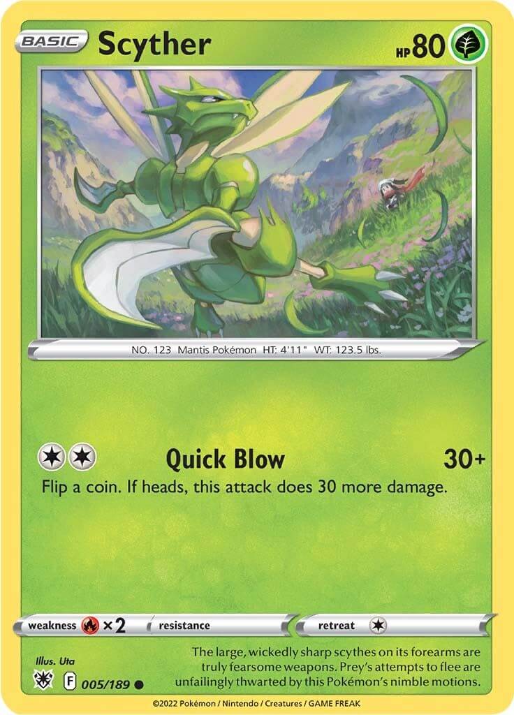 Scyther (005) [SWSH10 - 005/189] Condition: Near Mint Collectible Trading Cards SWSH10: Astral Radiance Also available: Language: English Printing: Reverse Holofoil