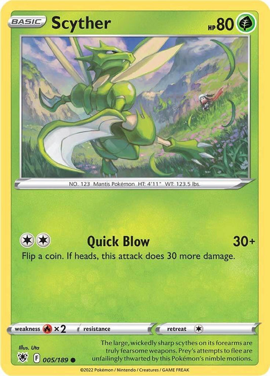 Scyther (005) [SWSH10 - 005/189] Condition: Near Mint Collectible Trading Cards SWSH10: Astral Radiance Also available: Language: English Printing: Reverse Holofoil