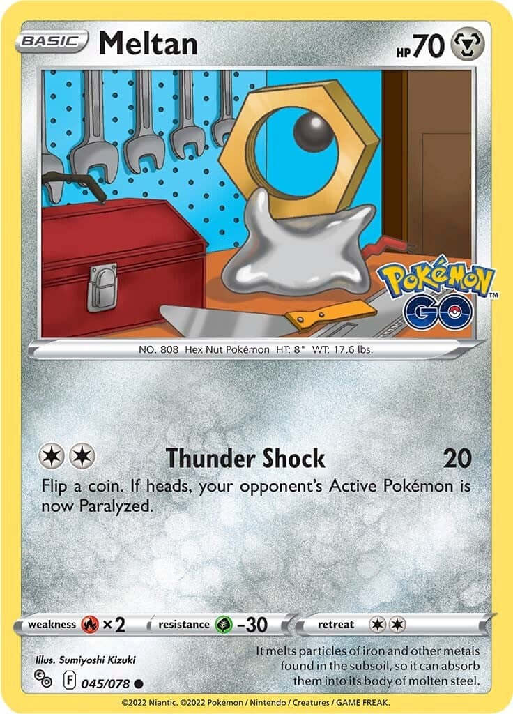 Meltan [PGO - 045/078] Condition: Near Mint Collectible Trading Cards Pokemon GO Also available: Language: English Printing: Reverse Holofoil