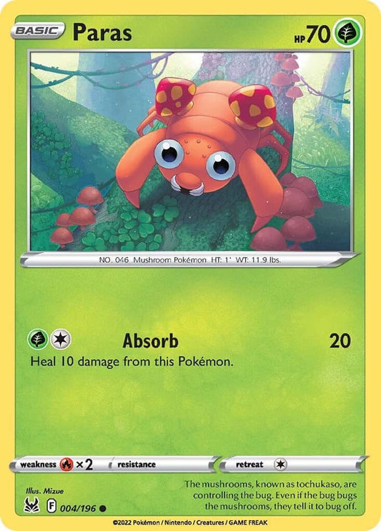 Paras [SWSH11 - 004/196] Condition: Near Mint Collectible Trading Cards SWSH11: Lost Origin Also available: Language: English Printing: Reverse Holofoil