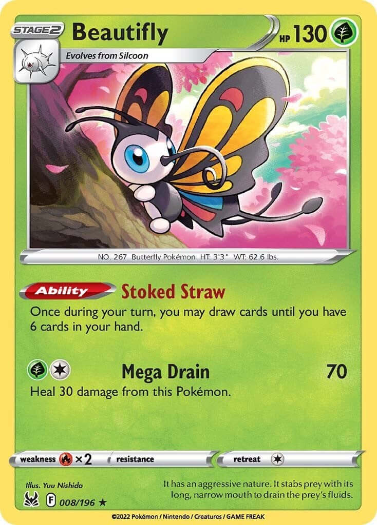 Beautifly [SWSH11 - 008/196] Condition: Near Mint Collectible Trading Cards SWSH11: Lost Origin Also available: Language: English Printing: Holofoil