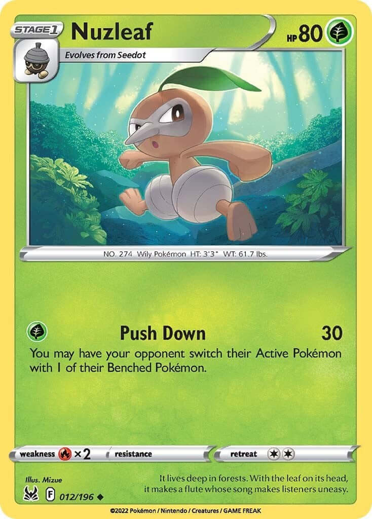 Nuzleaf [SWSH11 - 012/196] Condition: Near Mint Collectible Trading Cards SWSH11: Lost Origin Also available: Language: English Printing: Reverse Holofoil