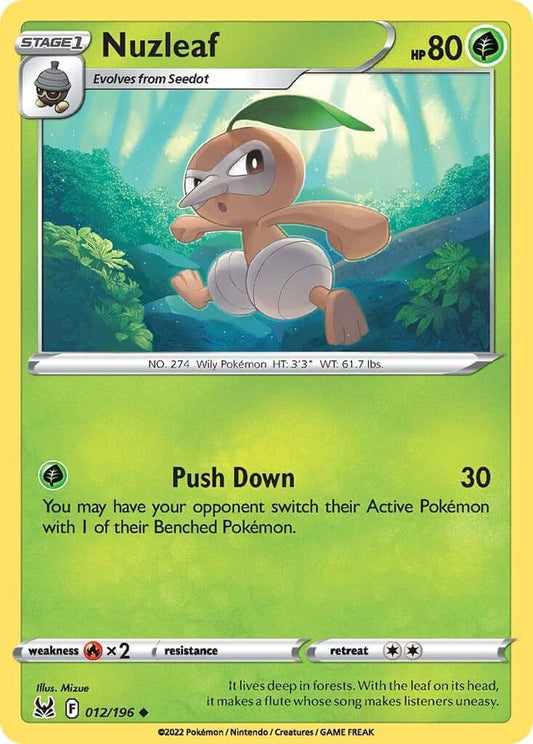 Nuzleaf [SWSH11 - 012/196] Condition: Near Mint Collectible Trading Cards SWSH11: Lost Origin Also available: Language: English Printing: Reverse Holofoil