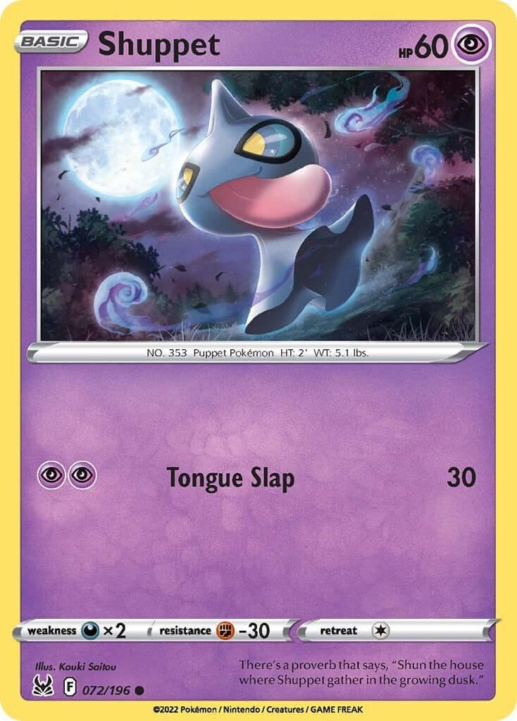 Shuppet [SWSH11 - 072/196] Condition: Near Mint Collectible Trading Cards SWSH11: Lost Origin Also available: Language: English Printing: Reverse Holofoil