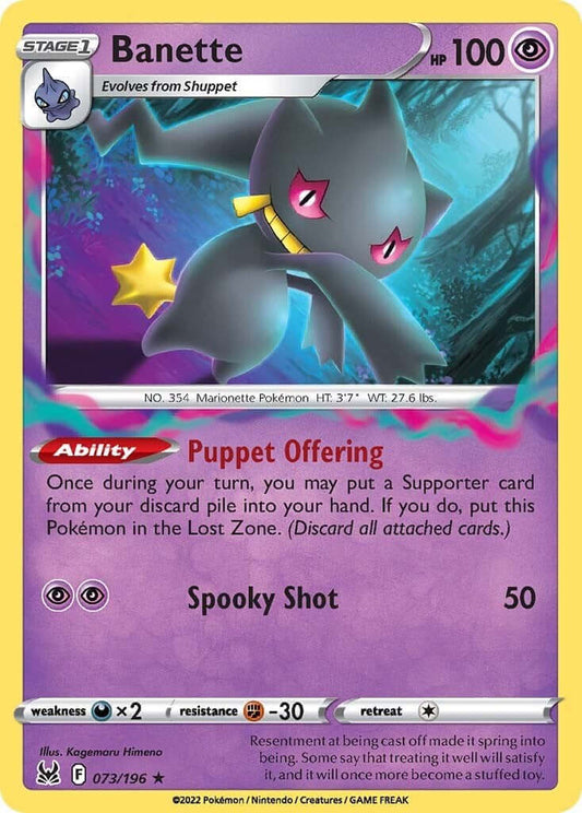 Banette [SWSH11 - 073/196] Condition: Near Mint Collectible Trading Cards SWSH11: Lost Origin Also available: Language: English Printing: Reverse Holofoil