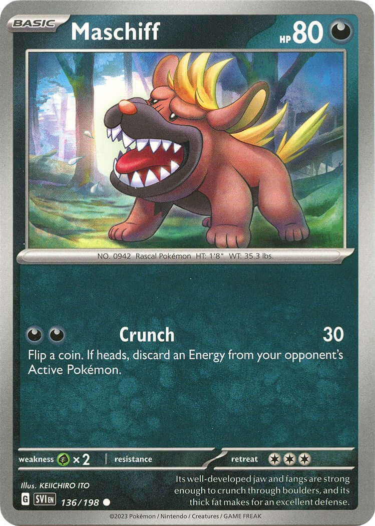 Maschiff - 136/198 [SVI - 136/198] Condition: Near Mint Collectible Trading Cards SV01: Scarlet & Violet Base Set Also available: Language: English Printing: Reverse Holofoil