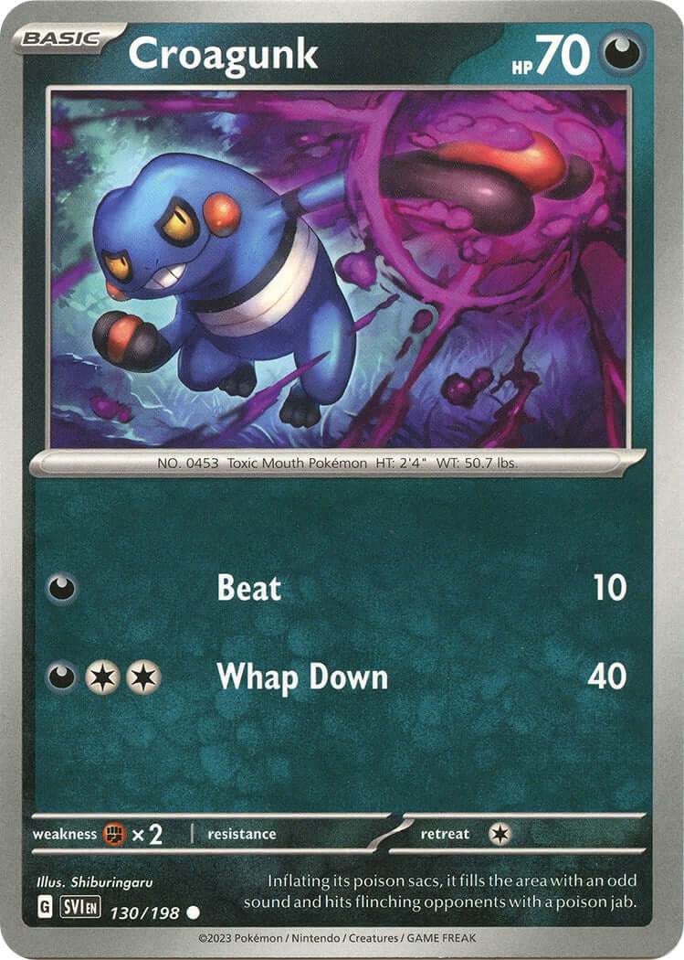 Croagunk [SVI - 130/198] Condition: Near Mint Collectible Trading Cards SV01: Scarlet & Violet Base Set Also available: Language: English Printing: Reverse Holofoil
