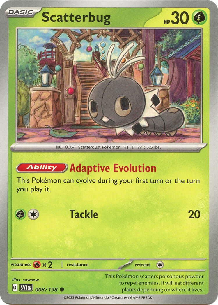 Scatterbug [SVI - 008/198] Condition: Near Mint Collectible Trading Cards SV01: Scarlet & Violet Base Set Also available: Language: English Printing: Reverse Holofoil