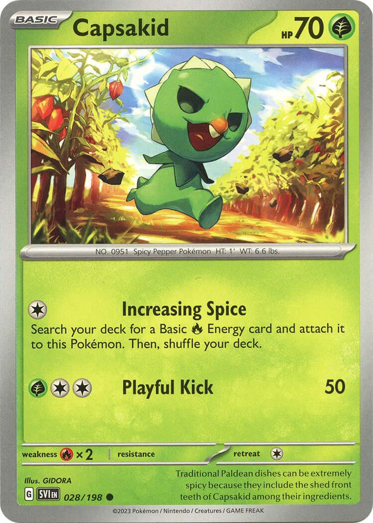 Capsakid - 028/198 [SVI - 028/198] Condition: Near Mint Collectible Trading Cards SV01: Scarlet & Violet Base Set Also available: Language: English Printing: Reverse Holofoil
