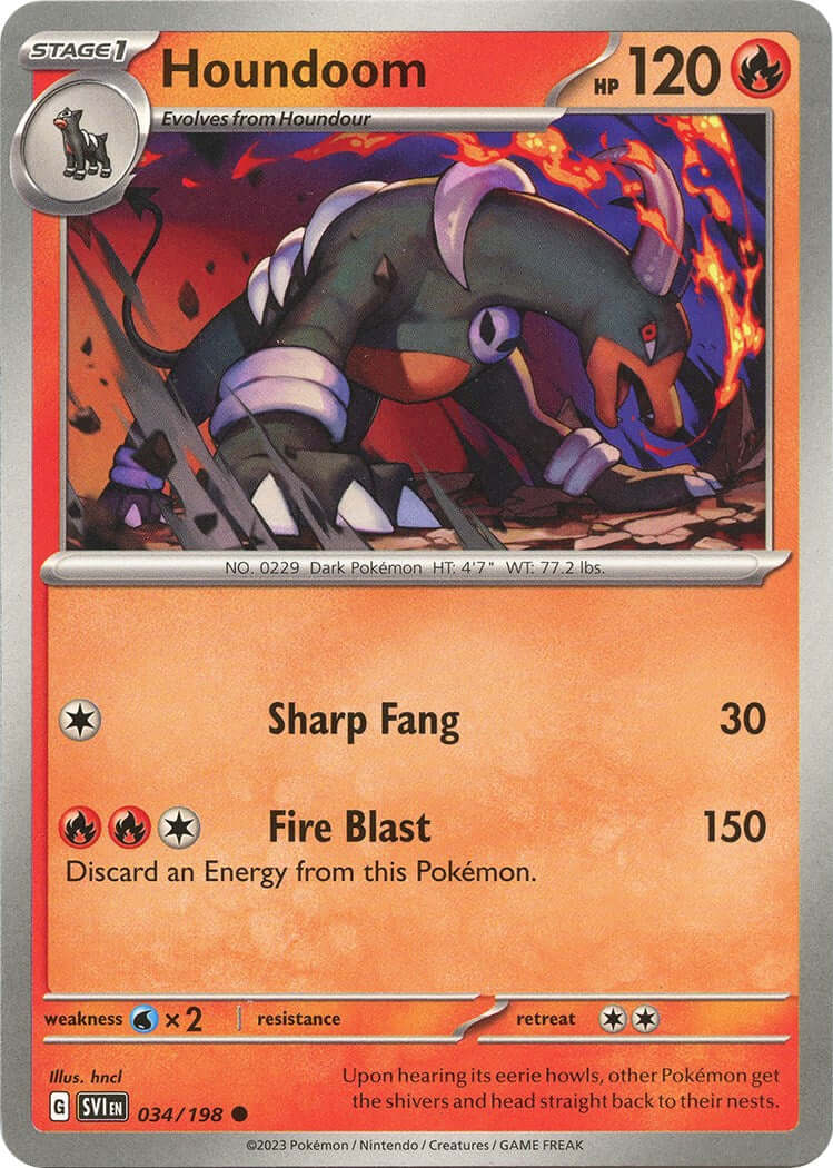 Houndoom - 034/198 [SVI - 034/198] Condition: Near Mint Collectible Trading Cards SV01: Scarlet & Violet Base Set Also available: Language: English Printing: Reverse Holofoil