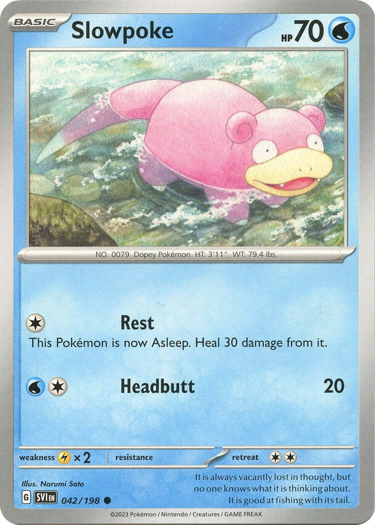 Slowpoke - 042/198 [SVI - 042/198] Condition: Near Mint Collectible Trading Cards SV01: Scarlet & Violet Base Set Also available: Language: English Printing: Reverse Holofoil