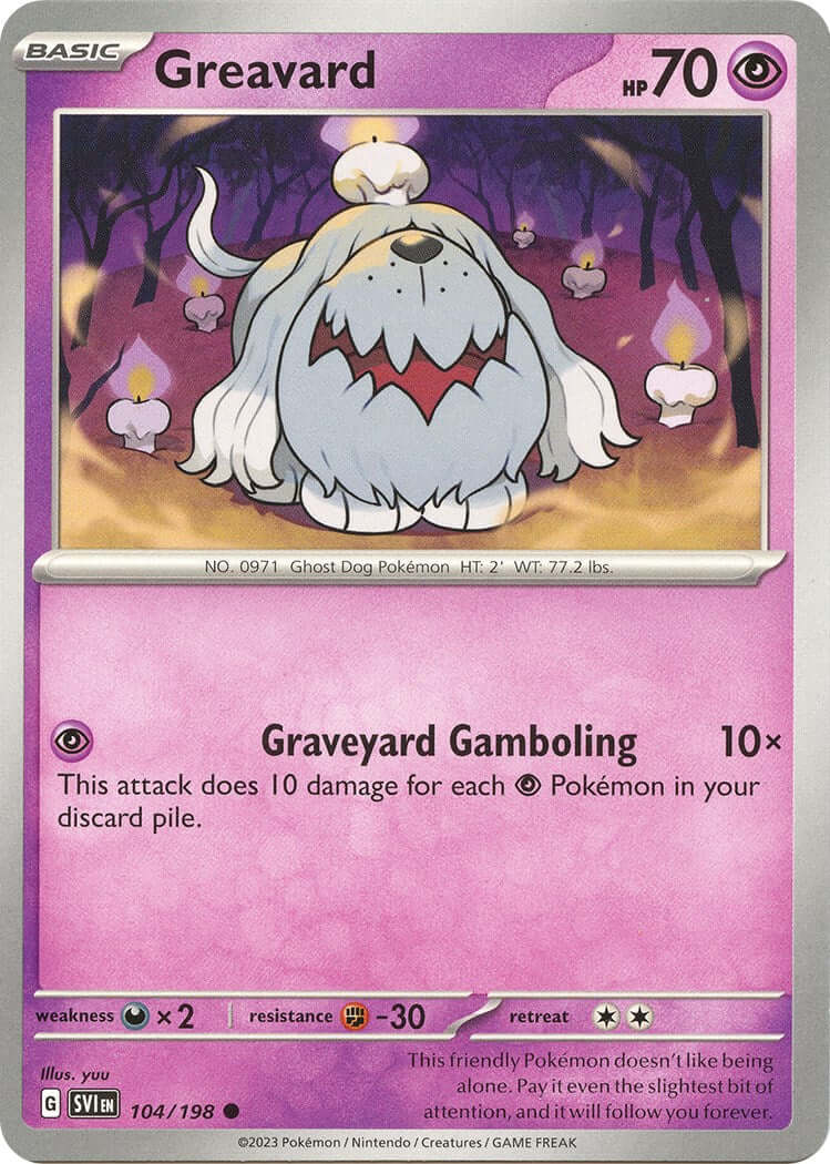 Greavard - 104/198 [SVI - 104/198] Condition: Near Mint Collectible Trading Cards SV01: Scarlet & Violet Base Set Also available: Language: English Printing: Reverse Holofoil