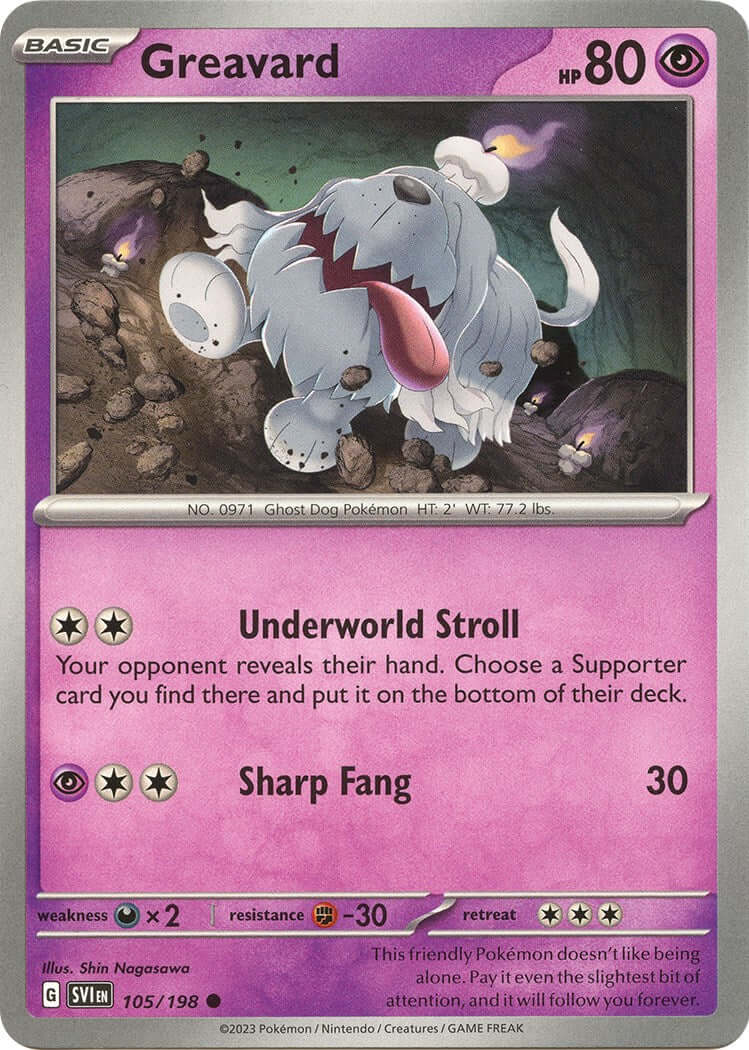 Greavard - 105/198 [SVI - 105/198] Condition: Near Mint Collectible Trading Cards SV01: Scarlet & Violet Base Set Also available: Language: English Printing: Reverse Holofoil