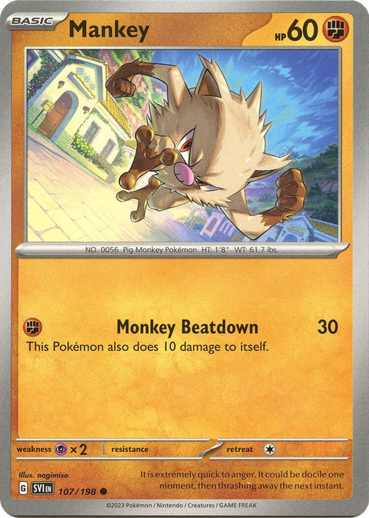 Mankey [SVI - 107/198] Condition: Near Mint Collectible Trading Cards SV01: Scarlet & Violet Base Set Also available: Language: English Printing: Reverse Holofoil