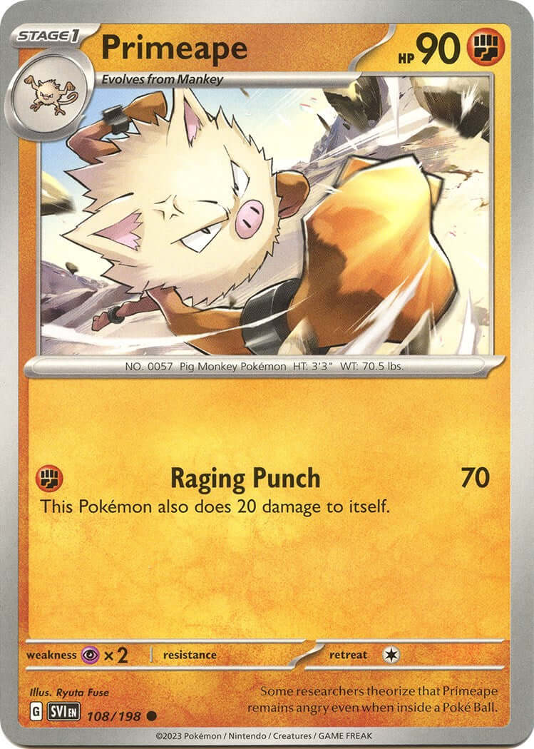 Primeape [SVI - 108/198] Condition: Near Mint Collectible Trading Cards SV01: Scarlet & Violet Base Set Also available: Language: English Printing: Reverse Holofoil