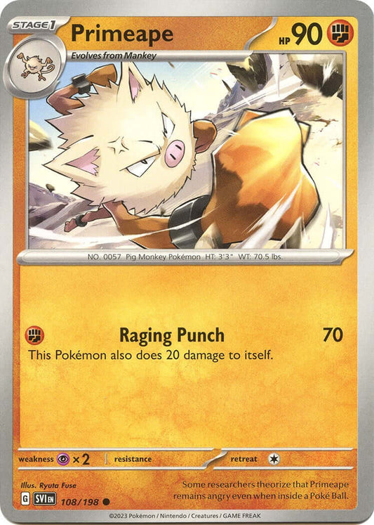 Primeape [SVI - 108/198] Condition: Near Mint Collectible Trading Cards SV01: Scarlet & Violet Base Set Also available: Language: English Printing: Reverse Holofoil