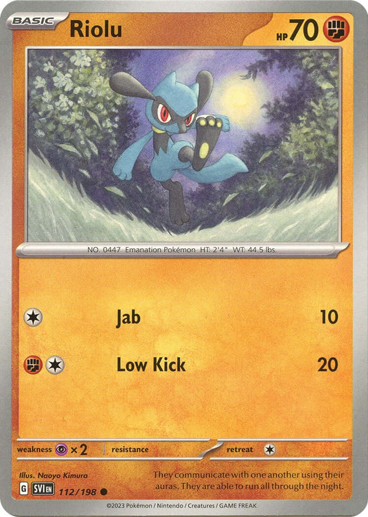 Riolu - 112/198 [SVI - 112/198] Condition: Near Mint Collectible Trading Cards SV01: Scarlet & Violet Base Set Also available: Language: English Printing: Reverse Holofoil