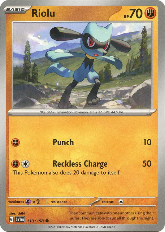 Riolu - 113/198 [SVI - 113/198] Condition: Near Mint Collectible Trading Cards SV01: Scarlet & Violet Base Set Also available: Language: English Printing: Reverse Holofoil