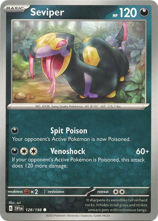 Seviper [SVI - 128/198] Condition: Near Mint Collectible Trading Cards SV01: Scarlet & Violet Base Set Also available: Language: English Printing: Reverse Holofoil