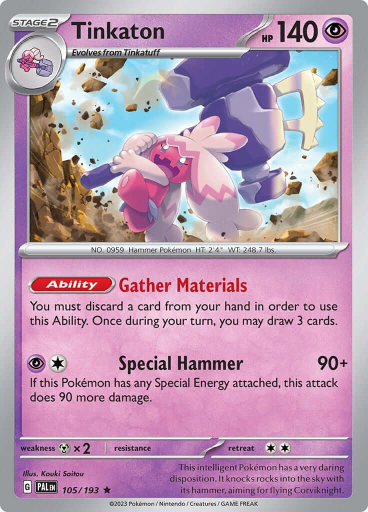 Tinkaton [PAL - 105/193] Condition: Near Mint Collectible Trading Cards SV02: Paldea Evolved Also available: Language: English Printing: Holofoil