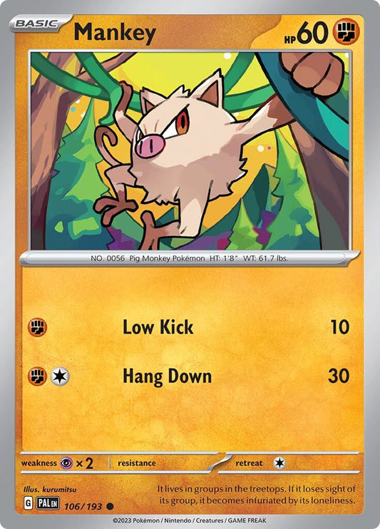 Mankey [PAL - 106/193] Condition: Near Mint Collectible Trading Cards SV02: Paldea Evolved Also available: Language: English Printing: Reverse Holofoil