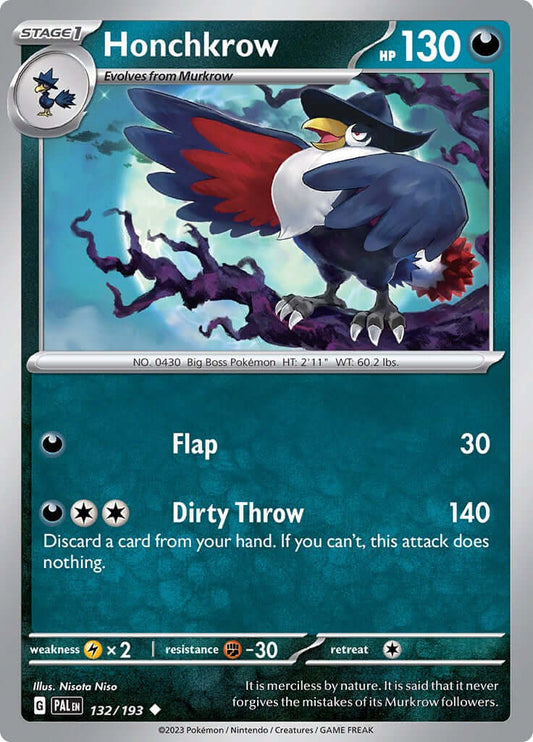 Honchkrow [PAL - 132/193] Condition: Near Mint Collectible Trading Cards SV02: Paldea Evolved Also available: Language: English Printing: Reverse Holofoil