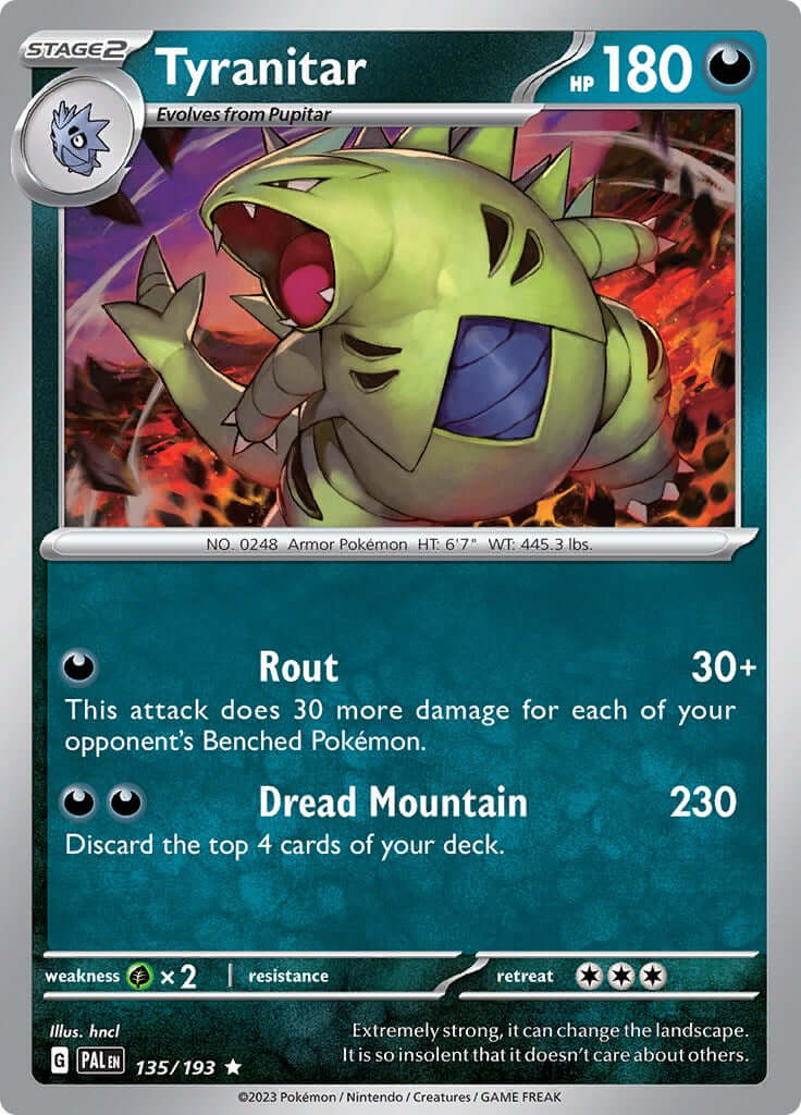 Tyranitar - 135/193 [PAL - 135/193] Condition: Near Mint Collectible Trading Cards SV02: Paldea Evolved Also available: Language: English Printing: Holofoil