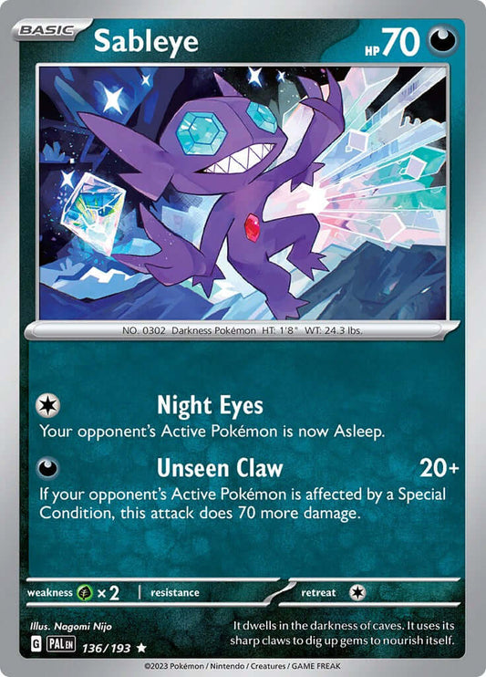 Sableye [PAL - 136/193] Condition: Near Mint Collectible Trading Cards SV02: Paldea Evolved Also available: Language: English Printing: Holofoil
