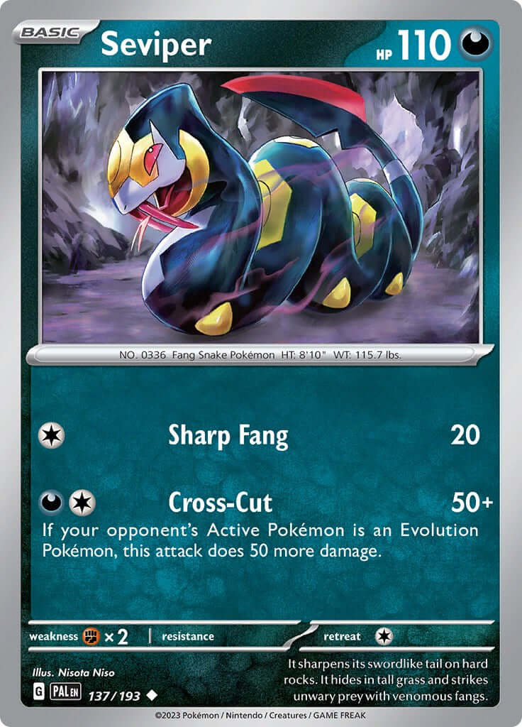 Seviper [PAL - 137/193] Condition: Near Mint Collectible Trading Cards SV02: Paldea Evolved Also available: Language: English Printing: Reverse Holofoil