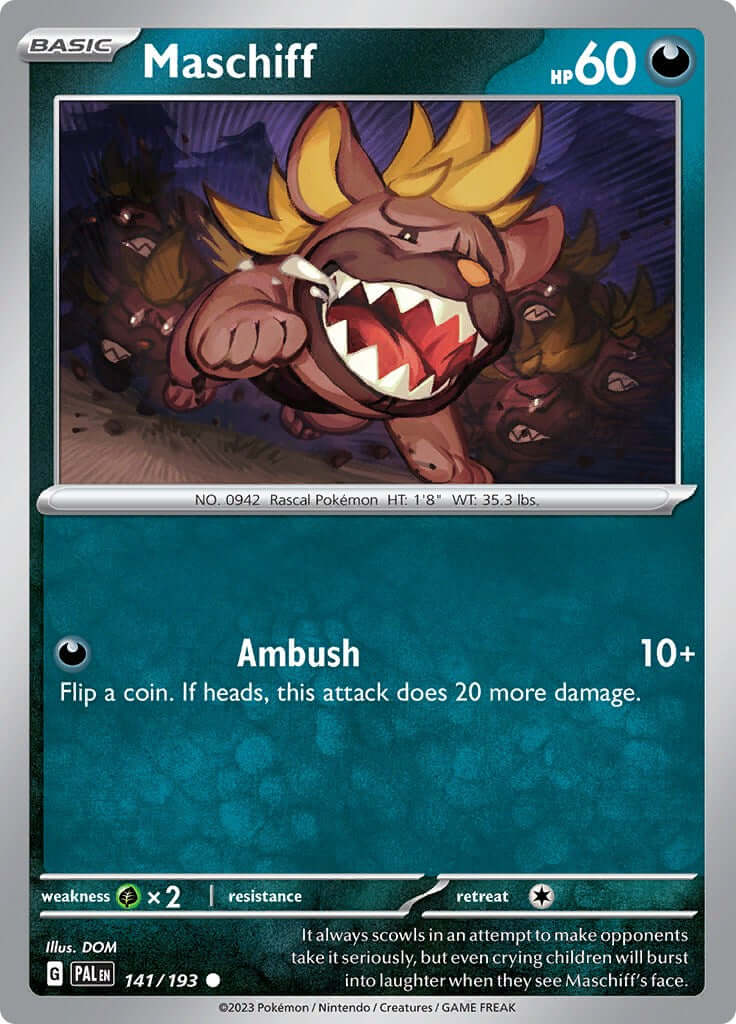 Maschiff - 141/193 [PAL - 141/193] Condition: Near Mint Collectible Trading Cards SV02: Paldea Evolved Also available: Language: English Printing: Reverse Holofoil