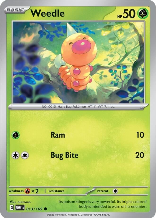 Weedle [MEW - 013/165] Condition: Near Mint Collectible Trading Cards SV: Scarlet & Violet 151 Also available: Language: English Printing: Reverse Holofoil