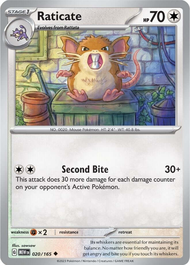 Raticate [MEW - 020/165] Condition: Near Mint Collectible Trading Cards SV: Scarlet & Violet 151 Also available: Language: English Printing: Reverse Holofoil