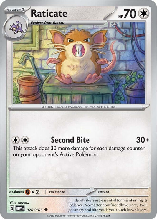 Raticate [MEW - 020/165] Condition: Near Mint Collectible Trading Cards SV: Scarlet & Violet 151 Also available: Language: English Printing: Reverse Holofoil