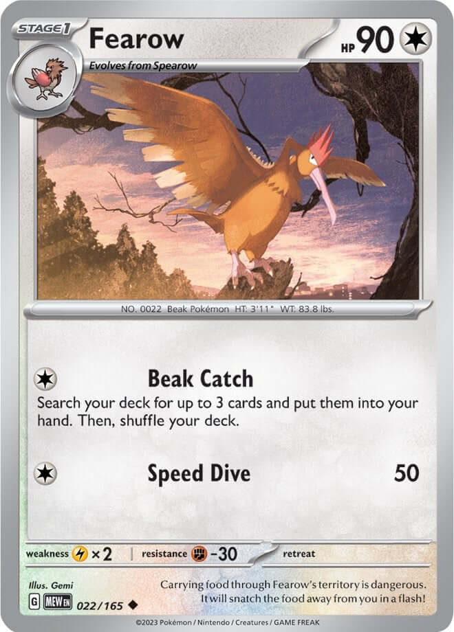 Fearow [MEW - 022/165] Condition: Near Mint Collectible Trading Cards SV: Scarlet & Violet 151 Also available: Language: English Printing: Reverse Holofoil