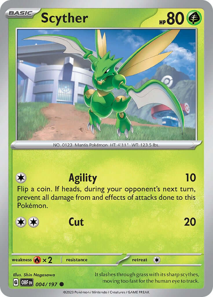 Scyther [OBF - 004/197] Condition: Near Mint Collectible Trading Cards SV03: Obsidian Flames Also available: Language: English Printing: Reverse Holofoil