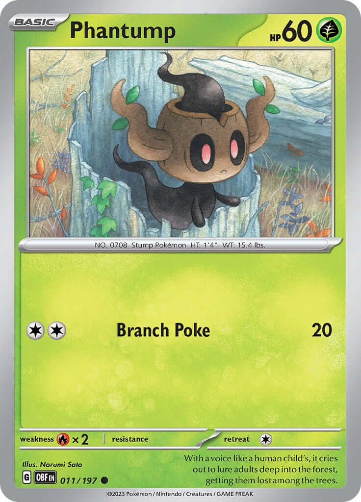 Phantump [OBF - 011/197] Condition: Near Mint Collectible Trading Cards SV03: Obsidian Flames Also available: Language: English Printing: Reverse Holofoil