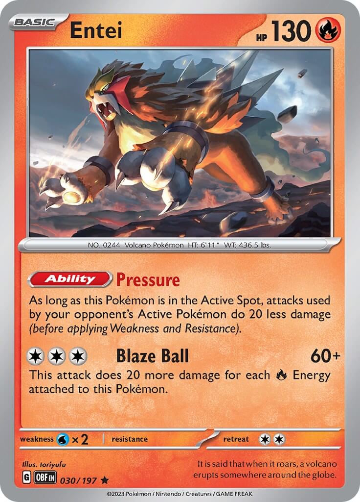 Entei [OBF - 030/197] Condition: Near Mint Collectible Trading Cards SV03: Obsidian Flames Also available: Language: English Printing: Holofoil