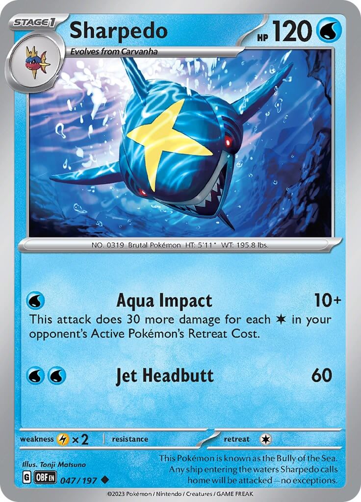 Sharpedo [OBF - 047/197] Condition: Near Mint Collectible Trading Cards SV03: Obsidian Flames Also available: Language: English Printing: Reverse Holofoil