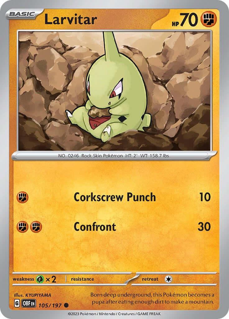 Larvitar [OBF - 105/197] Condition: Near Mint Collectible Trading Cards SV03: Obsidian Flames Also available: Language: English Printing: Reverse Holofoil