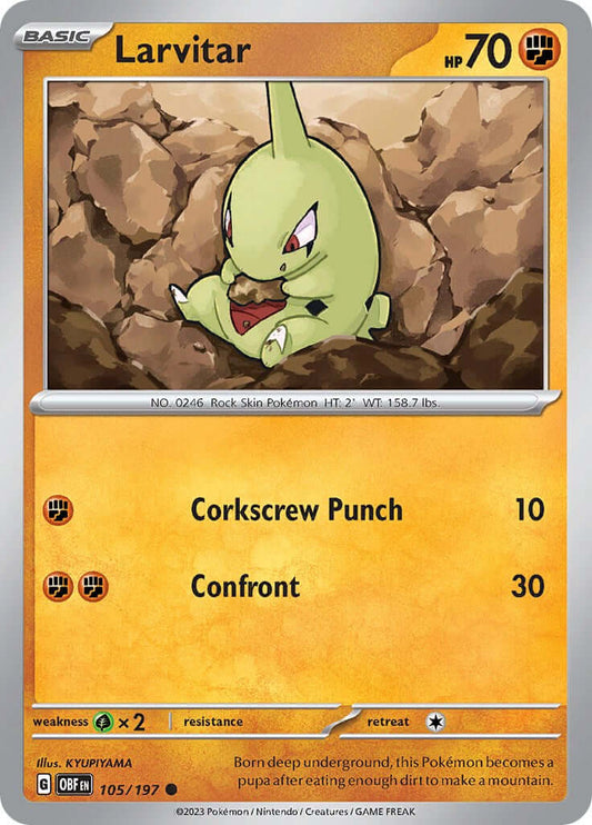 Larvitar [OBF - 105/197] Condition: Near Mint Collectible Trading Cards SV03: Obsidian Flames Also available: Language: English Printing: Reverse Holofoil